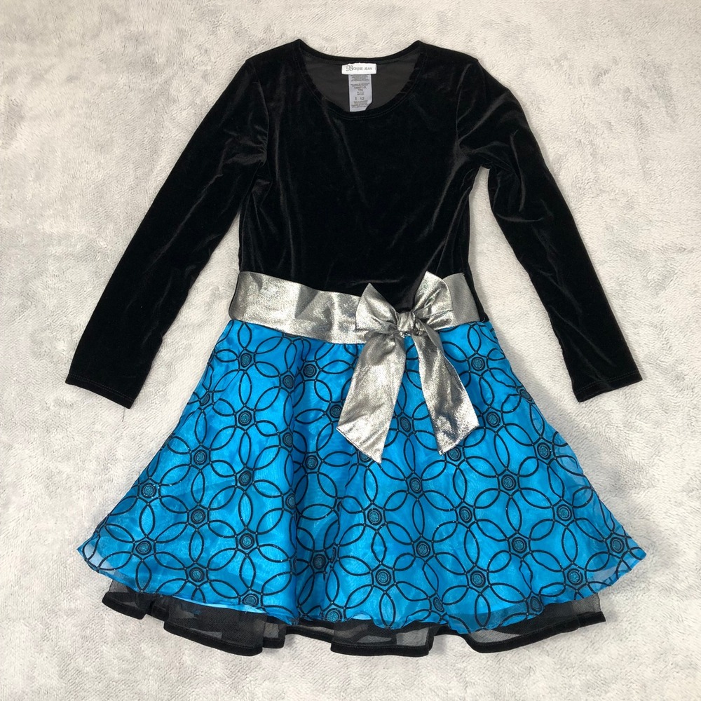 Bonnie Jean Dress Girl 12 Blue Black Velvet Silver Bow Holiday Party Long Sleeve